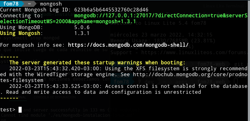 Linux mongosh ejecutandose